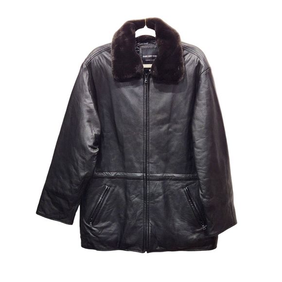 Andrew Marc Jackets & Blazers - Vintage Andrew Marc Black Leather Zip Front Removeable Fur Collar Coat Jacket, M